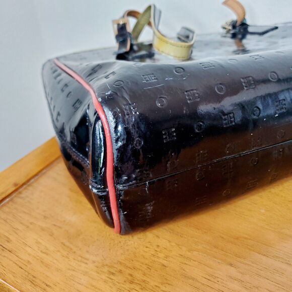 VTG ARCADIA Black Gloss TOTE BAG SHOULDER PURSE PATENT LEATHER Travel Bag - Picture 6 of 12